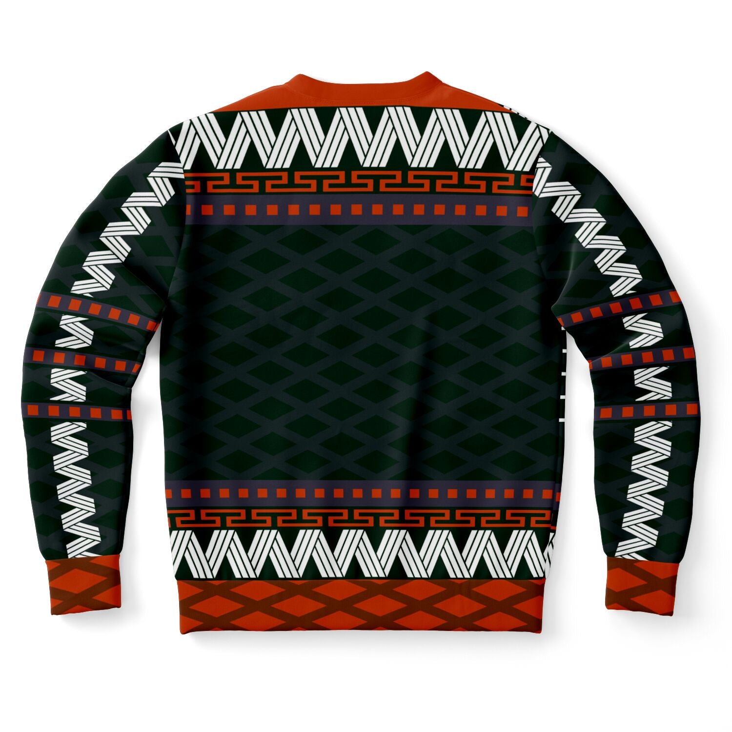 Back view of black and orange holiday sweater with geometric print and no text — puck-stopping design from CollegeWares.