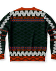 Back view of black and orange holiday sweater with geometric print and no text — puck-stopping design from CollegeWares.