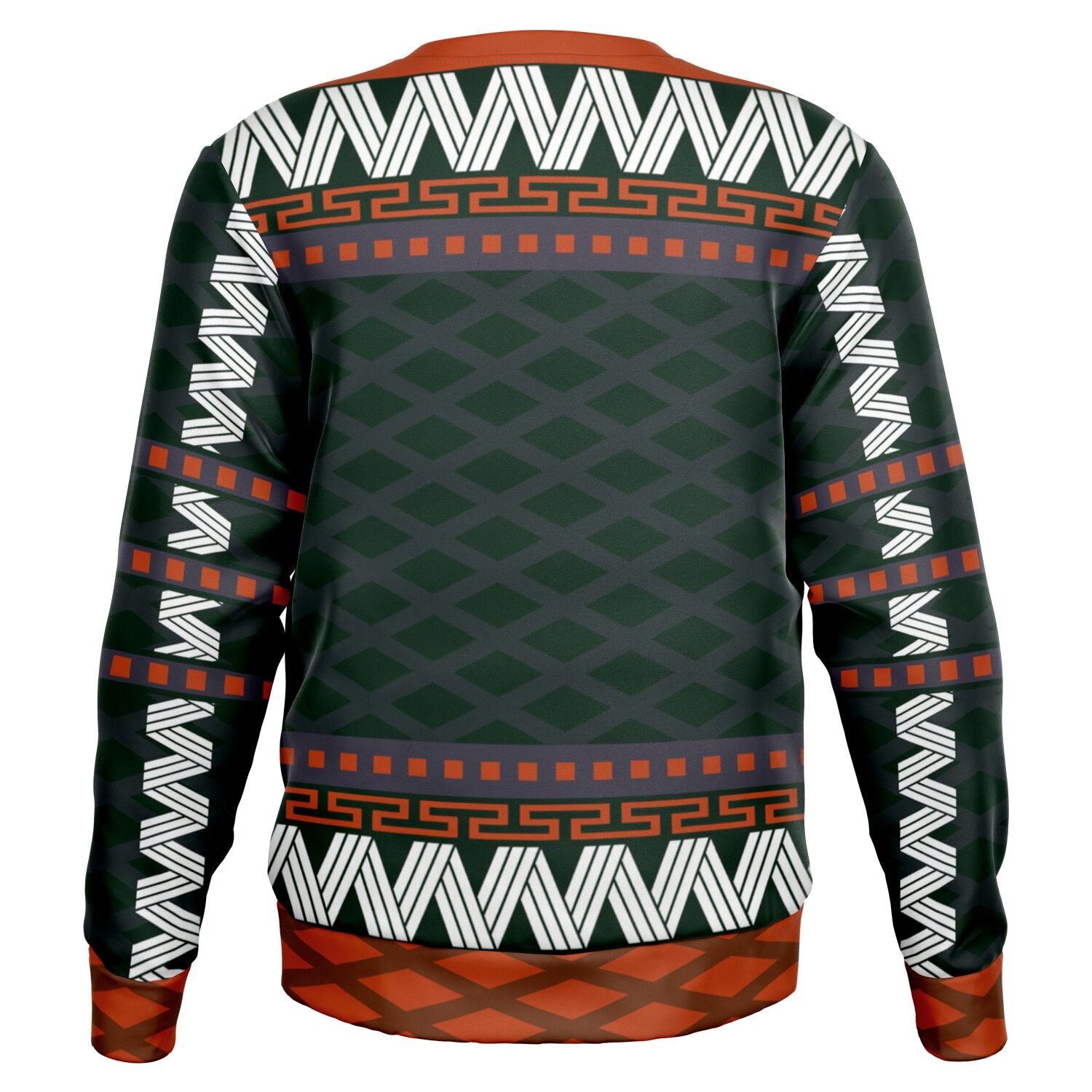 Back view of black and orange holiday sweater with geometric print and no text — puck-stopping design from CollegeWares.