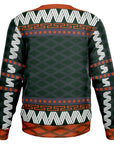 Back view of black and orange holiday sweater with geometric print and no text — puck-stopping design from CollegeWares.