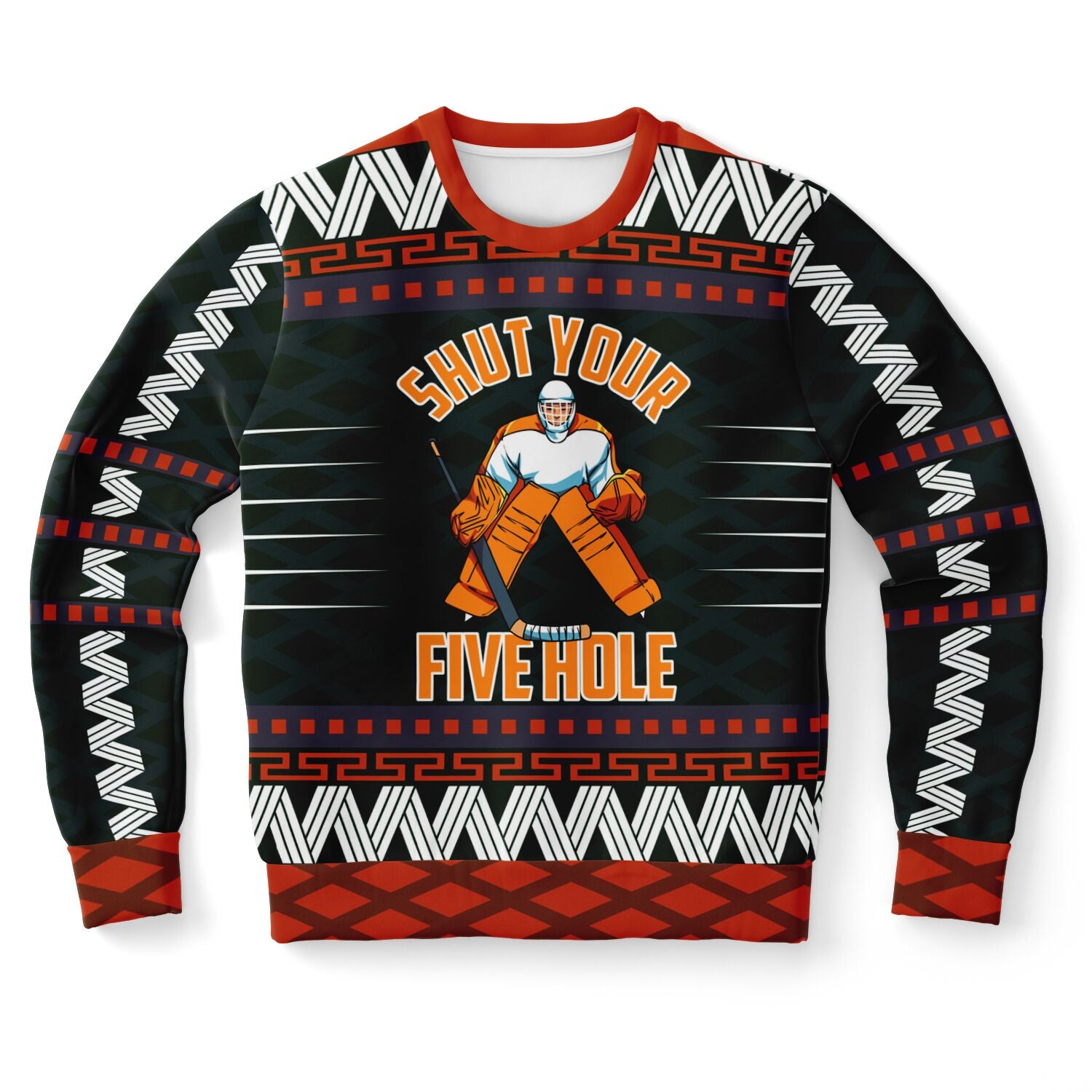 Black and orange Christmas sweater with hockey goalie graphic and “Shut Your Five Hole” slogan — bold sports parody from CollegeWares.
