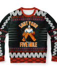 Black and orange Christmas sweater with hockey goalie graphic and “Shut Your Five Hole” slogan — bold sports parody from CollegeWares.