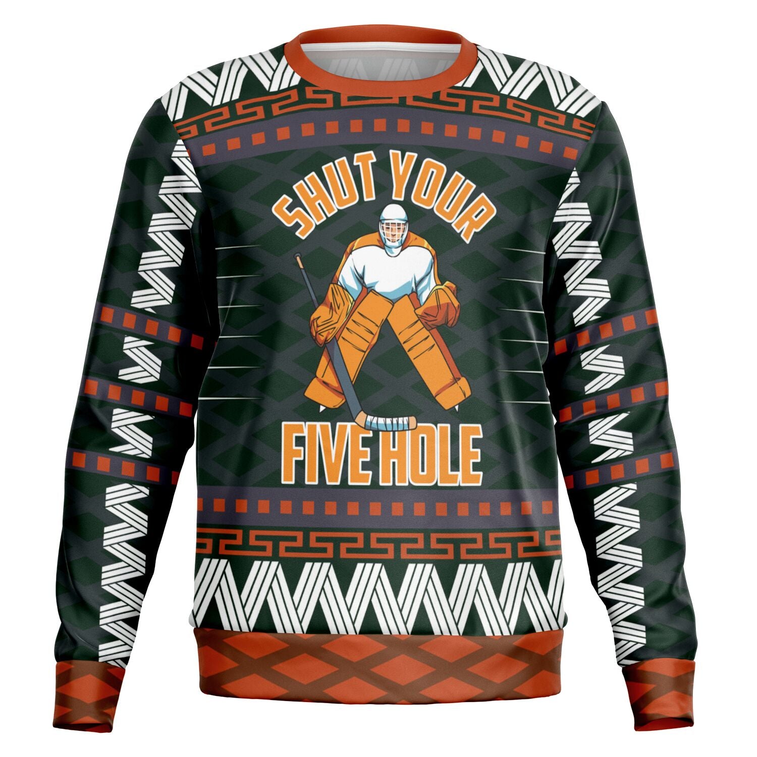 Black and orange Christmas sweater with hockey goalie graphic and “Shut Your Five Hole” slogan — bold sports parody from CollegeWares.