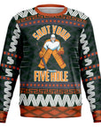 Black and orange Christmas sweater with hockey goalie graphic and “Shut Your Five Hole” slogan — bold sports parody from CollegeWares.