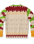 Back view of beige and red holiday sweater with trees, bells, and wavy ribbon patterns and no text — festive and flirty from CollegeWares.