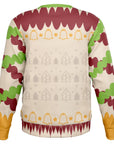 Back view of beige and red holiday sweater with trees, bells, and wavy ribbon patterns and no text — festive and flirty from CollegeWares.
