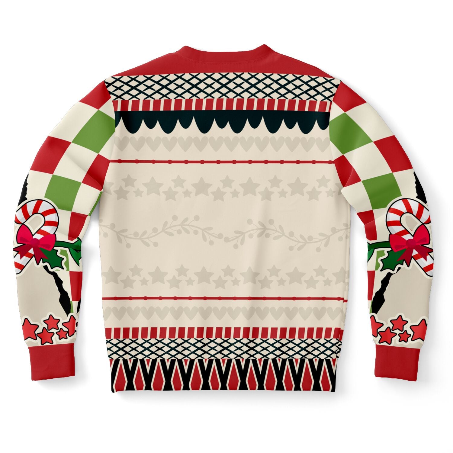 Back view of cream and red holiday sweater with stars, scallops, and no text — festive pattern from CollegeWares.