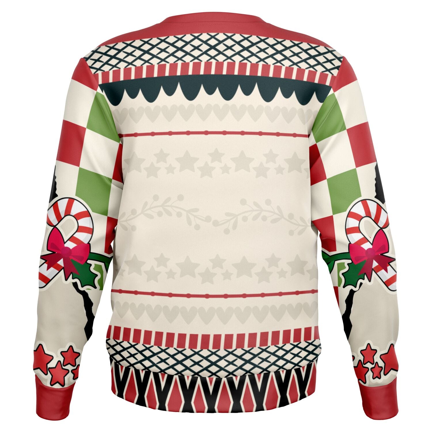 Back view of cream and red holiday sweater with stars, scallops, and no text — festive pattern from CollegeWares.