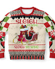 Cream and red Christmas sweater with Beyoncé parody graphic and “Sleigh My Name” text — bold and funny design from CollegeWares.