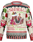 Cream and red Christmas sweater with Beyoncé parody graphic and “Sleigh My Name” text — bold and funny design from CollegeWares.
