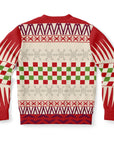 Back view of cream, red, and green patterned sweater with snowflakes and no text or graphics — festive and cheeky design from CollegeWares.