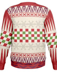 Back view of cream, red, and green patterned sweater with snowflakes and no text or graphics — festive and cheeky design from CollegeWares.