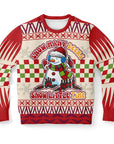 Cream and red Christmas sweater featuring a snowman surrounded by beer bottles with the phrase “Snow Many Beers, Snow Little Time” — party-ready humor from CollegeWares.