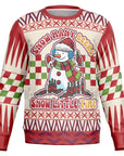 Cream and red Christmas sweater featuring a snowman surrounded by beer bottles with the phrase “Snow Many Beers, Snow Little Time” — party-ready humor from CollegeWares.
