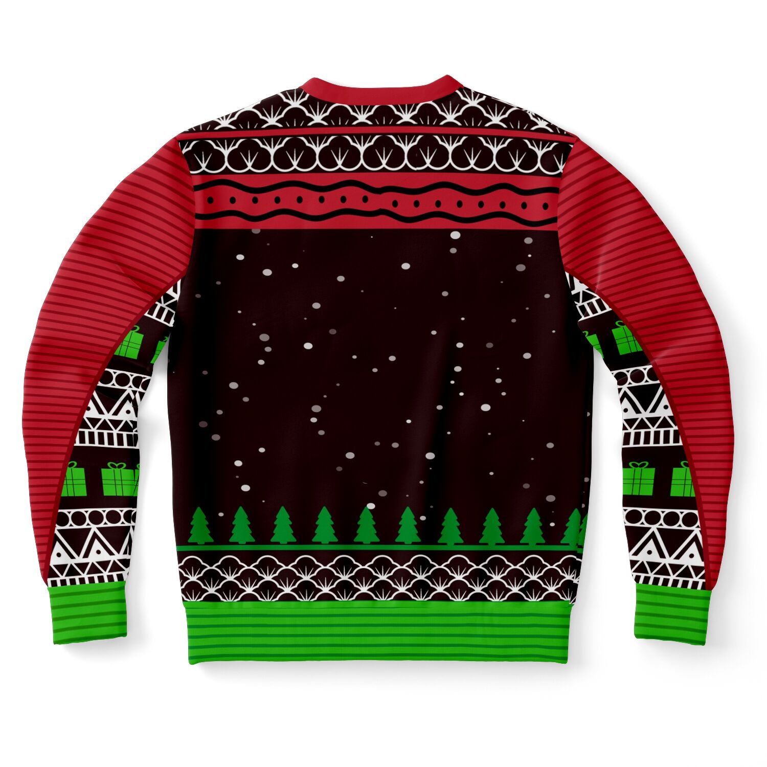 back view of black and red sweater with snowflake and tree patterns and no additional text — festive parody from CollegeWares.