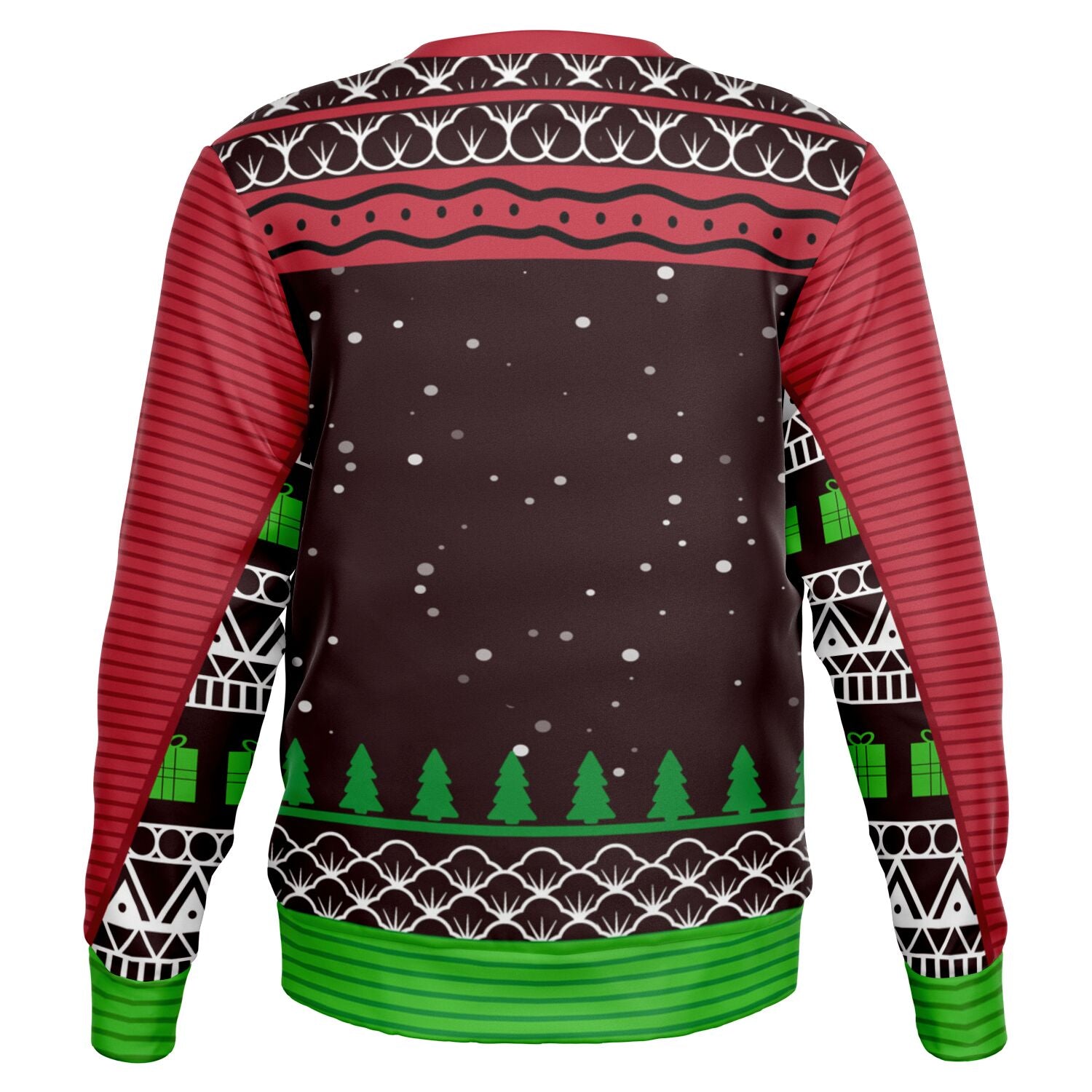 back view of black and red sweater with snowflake and tree patterns and no additional text — festive parody from CollegeWares.