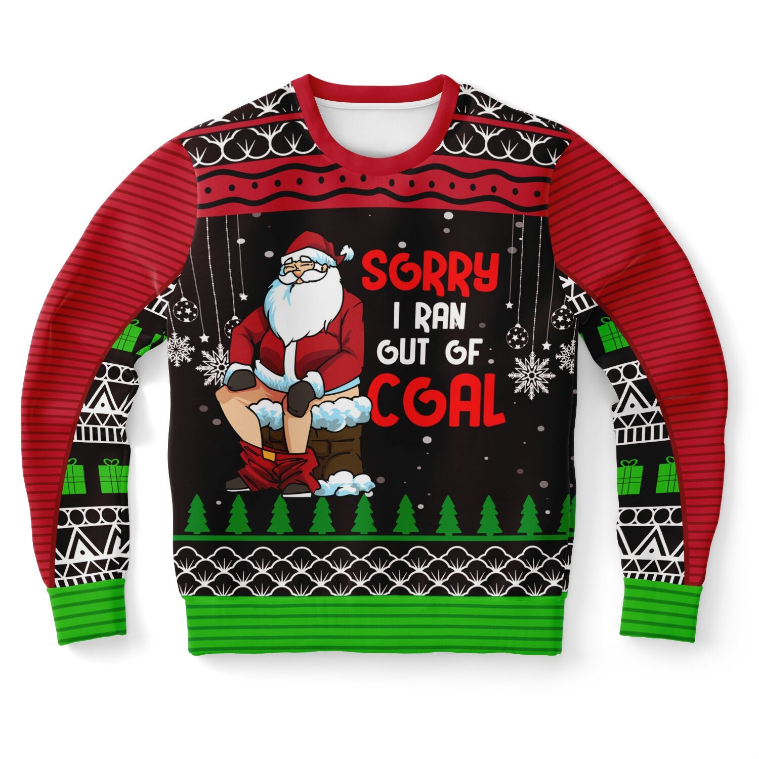 Black and red Christmas sweater with Santa on a toilet and “Sorry I Ran Out of Coal” slogan — edgy holiday humor from CollegeWares.