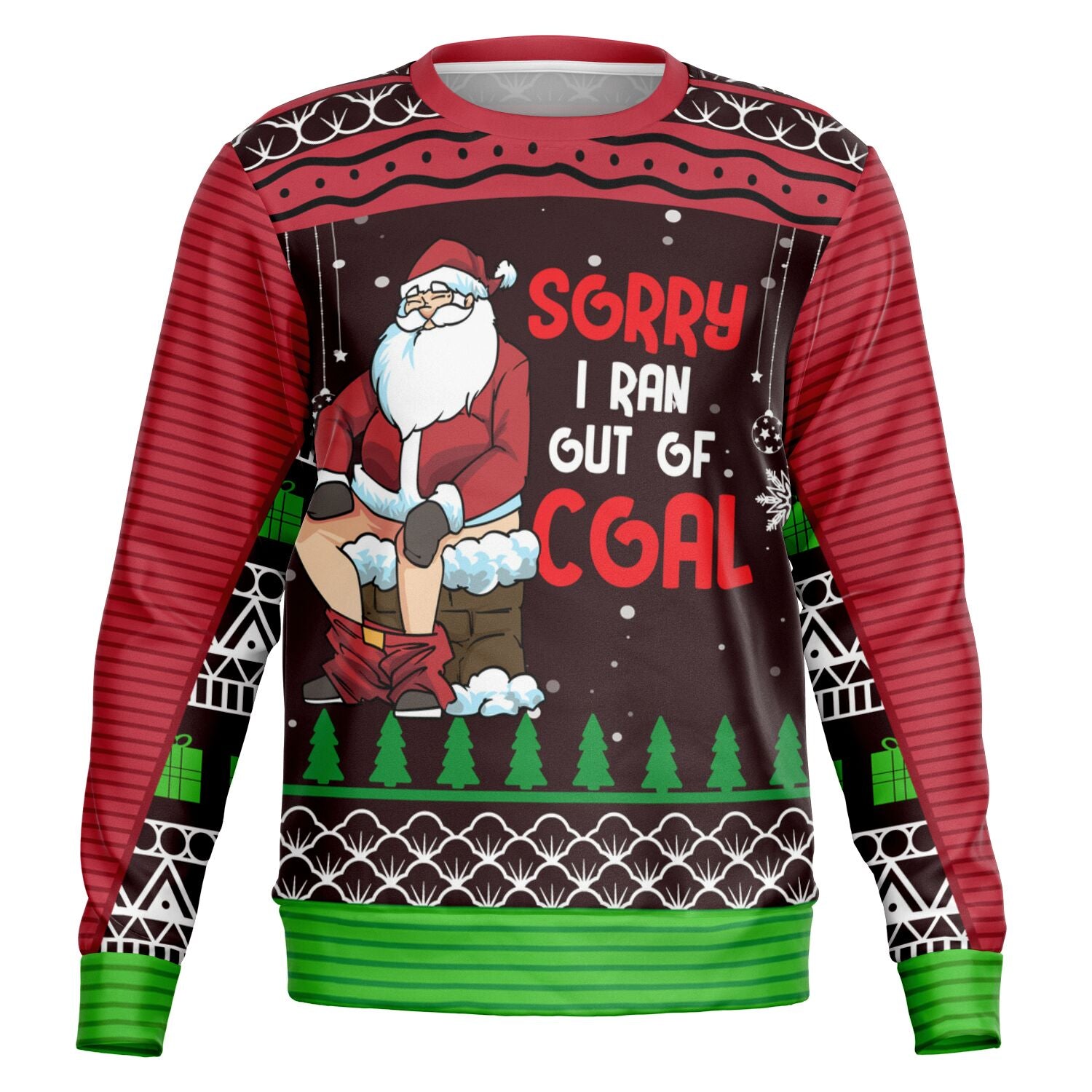 Black and red Christmas sweater with Santa on a toilet and “Sorry I Ran Out of Coal” slogan — edgy holiday humor from CollegeWares.