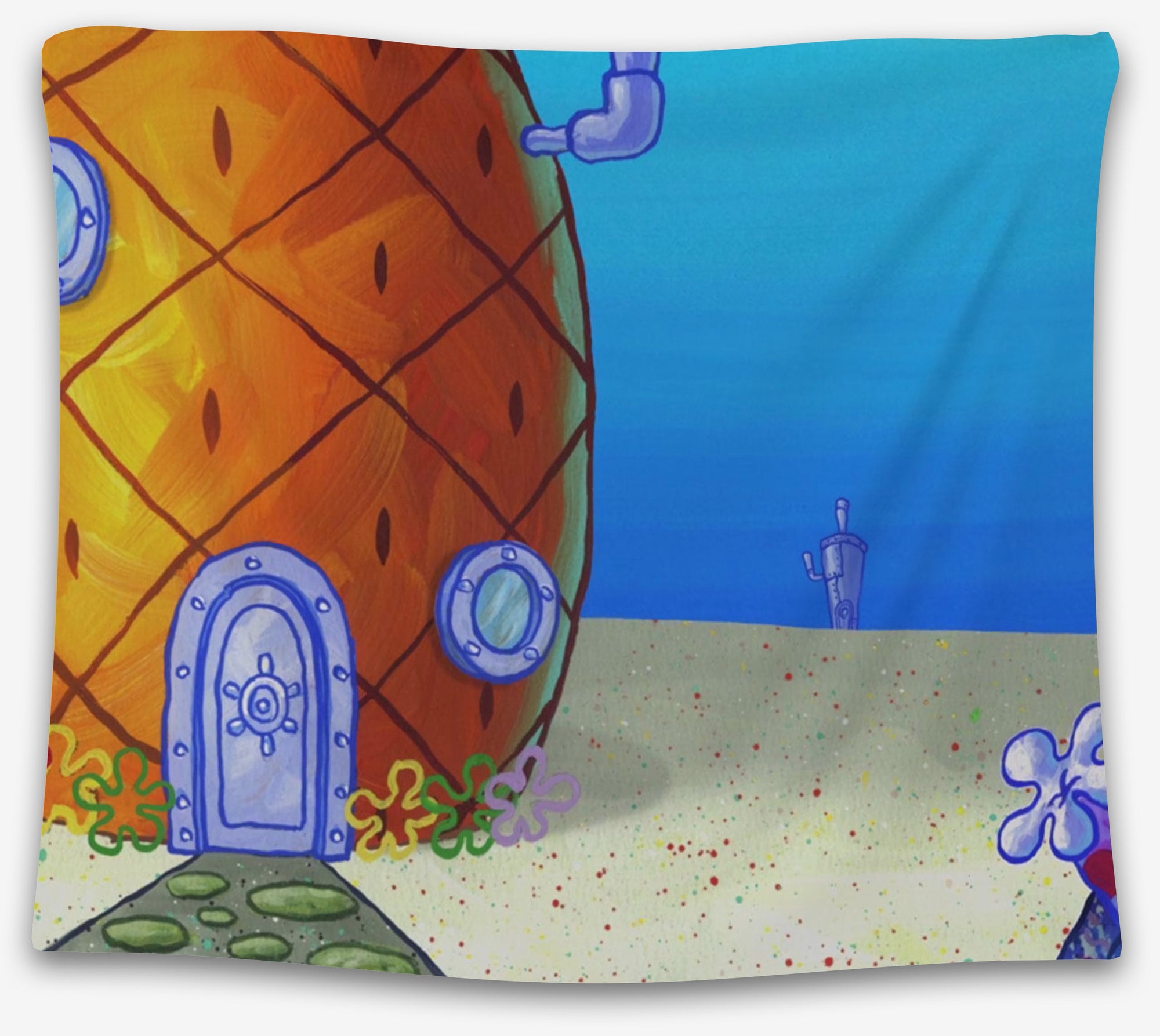 Cartoon pineapple house on a sandy ocean floor with bold colors and a blue sky background — nostalgic pop culture tapestry from CollegeWares.