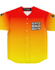 Front flat lay rave baseball jersey in red to yellow gradient featuring EDM’s Bad Boys text on the left chest in bold block lettering with white buttons and a button up layout, designed as an EDM jersey and festival button up jersey for rave outfits from CollegeWares