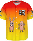 Ghost-mannequin front view of a bright gradient EDM baseball jersey with cartoon finger characters and meme-style text — festival jersey for EDM fans from CollegeWares.