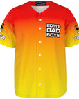 Ghost mannequin front view red to yellow gradient rave baseball jersey with EDM’s Bad Boys chest text and white buttons in a button up layout, styled as an EDM jersey and festival rave outfit from CollegeWares