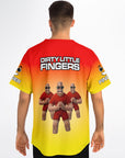 Male model back view wearing red to yellow gradient rave baseball jersey with Dirty Little Fingers graphic and triple finger characters across the back, styled as a bold EDM jersey and festival rave outfit from CollegeWares