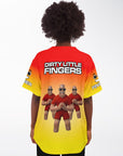 Female model back view wearing red to yellow gradient rave baseball jersey with Dirty Little Fingers text and three finger characters on the back, designed as a statement EDM jersey and rave outfit jersey for festivals from CollegeWares