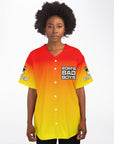 Female model front view wearing red to yellow gradient rave baseball jersey with EDM’s Bad Boys chest graphic and white button up front, styled as a festival button up jersey and EDM rave outfit from CollegeWares