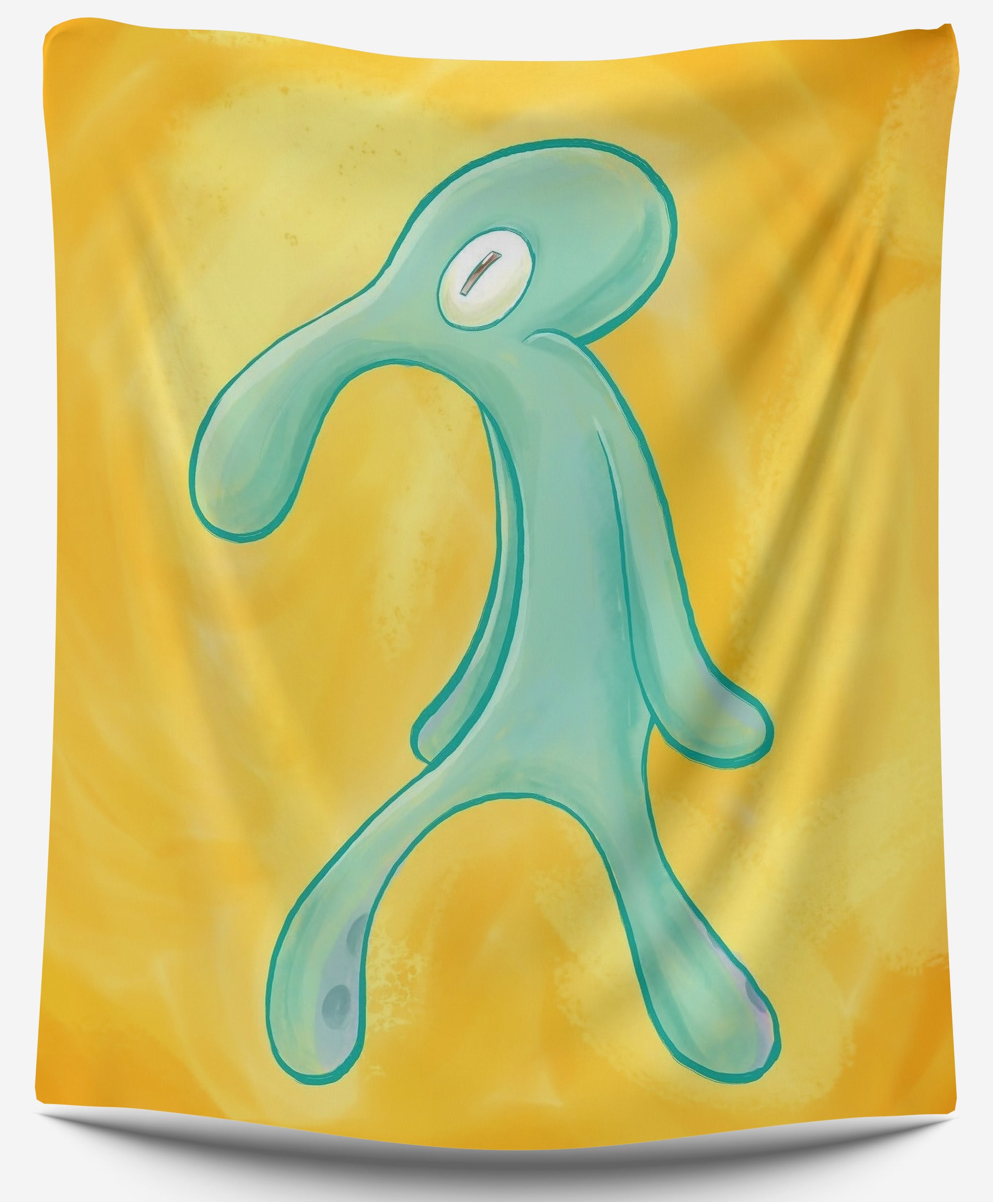 Stylized green figure with exaggerated limbs on a swirling yellow background — abstract meme-style art tapestry from CollegeWares.