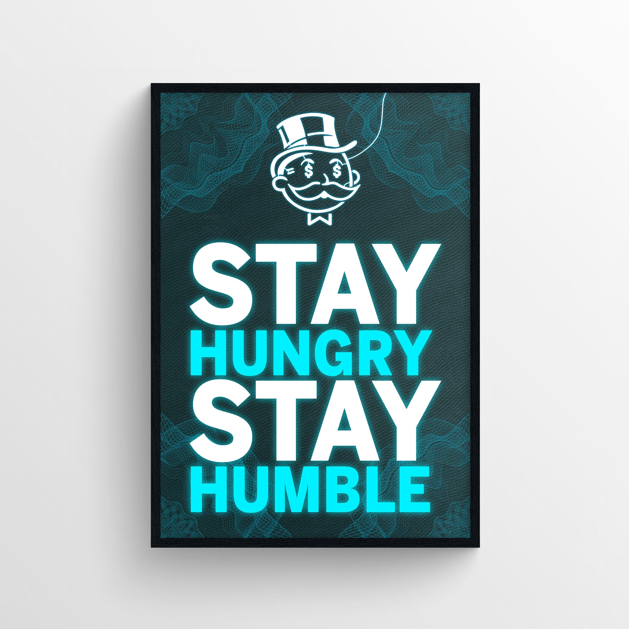 Motivational poster with the phrase “Stay Hungry. Stay Humble.” displayed in bold lettering, with “Hungry” and “Humble” glowing in electric blue for emphasis. Features a glowing wireframe pattern background and a neon-styled character icon up top — a vibrant CollegeWares exclusive designed for driven students.