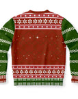 Back view of red and green sweater with no text, stars, and festive patterns — cheerful retro design from CollegeWares.