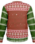 Back view of red and green sweater with no text, stars, and festive patterns — cheerful retro design from CollegeWares.