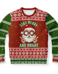 red and green Christmas sweater with cool Santa in sunglasses and “Stay Merry and Bright” text — retro holiday flair from CollegeWares.