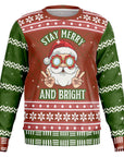 red and green Christmas sweater with cool Santa in sunglasses and “Stay Merry and Bright” text — retro holiday flair from CollegeWares.