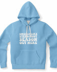 Blue hoodie with bold white text reading “Smells Like Stepdaddy Season Out Here” — sugar baby starter kit energy from CollegeWares.