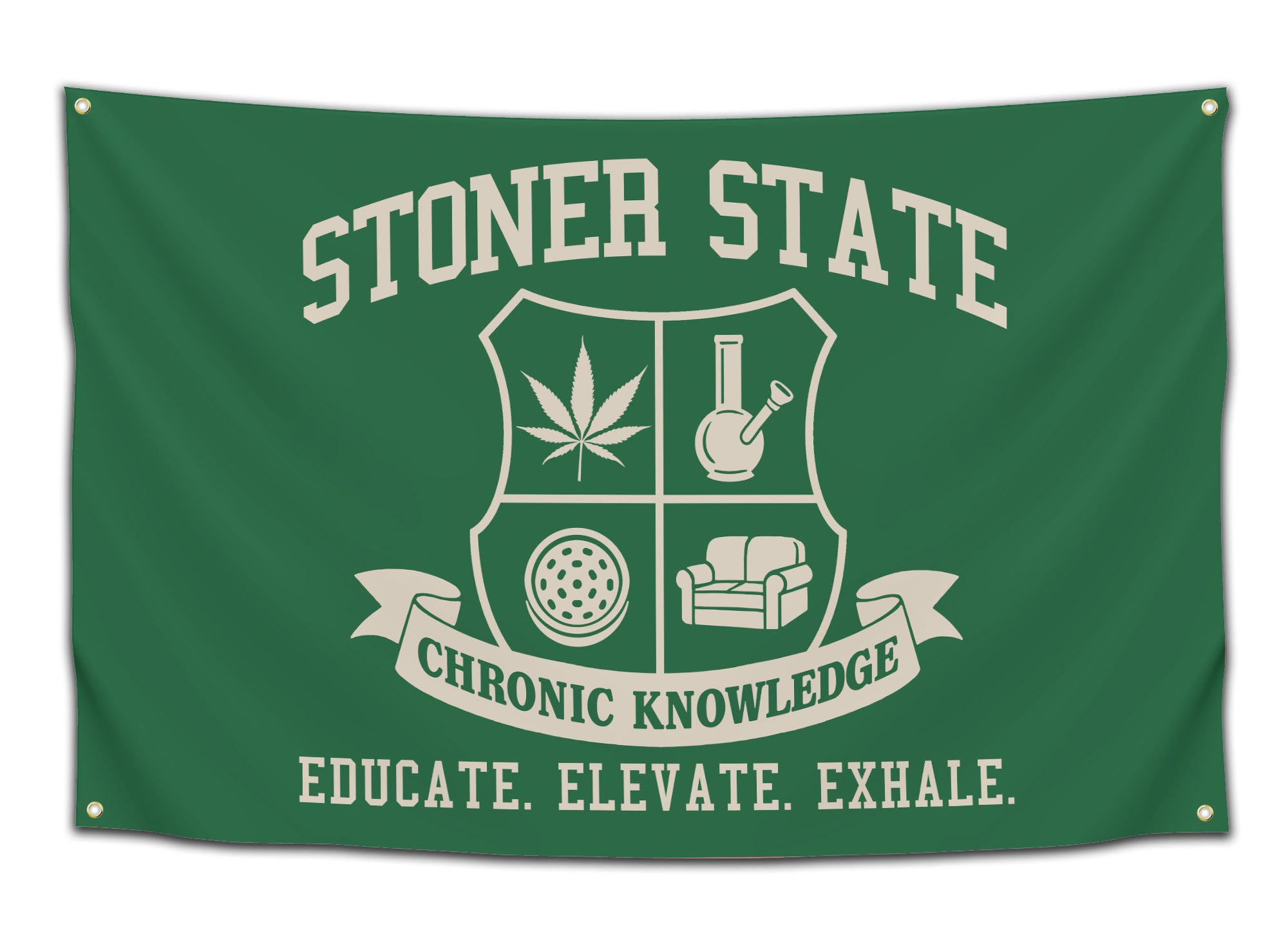 Green flag designed like a college crest with icons of a weed leaf, bong, grinder, and recliner and the phrase “Stoner State – Chronic Knowledge – Educate. Elevate. Exhale.” — funny stoner dorm flag by CollegeWares.
