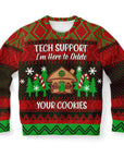red and green Christmas sweater with gingerbread house and “Tech Support I’m Here to Delete Your Cookies” text — playful IT humor from CollegeWares.