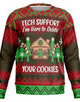 red and green Christmas sweater with gingerbread house and “Tech Support I’m Here to Delete Your Cookies” text — playful IT humor from CollegeWares.
