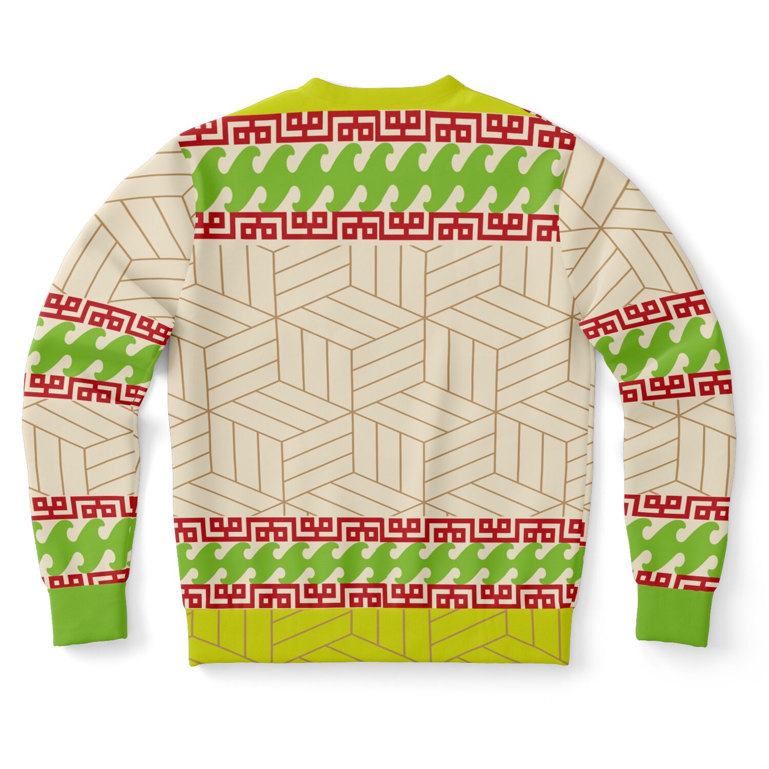 Back view of cream sweater with green, red, and geometric patterning and no text or graphics — festive and bold from CollegeWares.