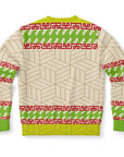 Back view of cream sweater with green, red, and geometric patterning and no text or graphics — festive and bold from CollegeWares.