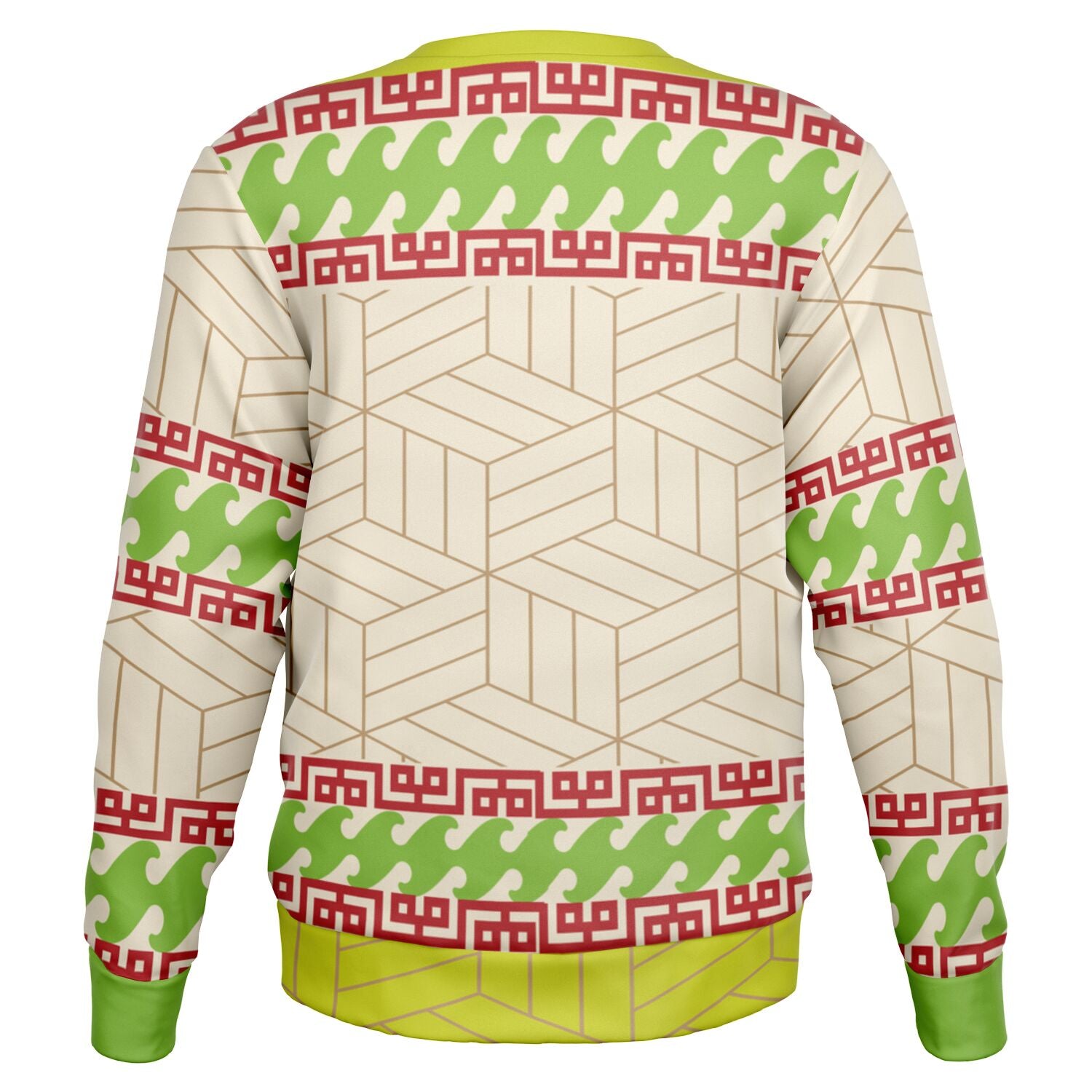 Back view of cream sweater with green, red, and geometric patterning and no text or graphics — festive and bold from CollegeWares.