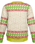 Back view of cream sweater with green, red, and geometric patterning and no text or graphics — festive and bold from CollegeWares.