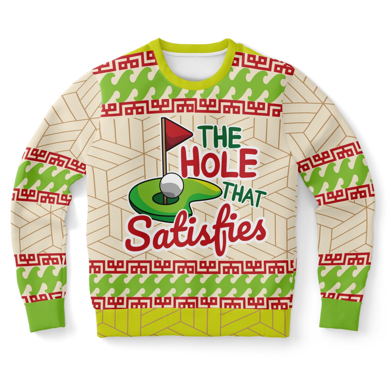 Cream and green Christmas sweater featuring a golf green graphic and “The Hole That Satisfies” slogan — adult humor from CollegeWares.