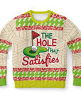 Cream and green Christmas sweater featuring a golf green graphic and “The Hole That Satisfies” slogan — adult humor from CollegeWares.