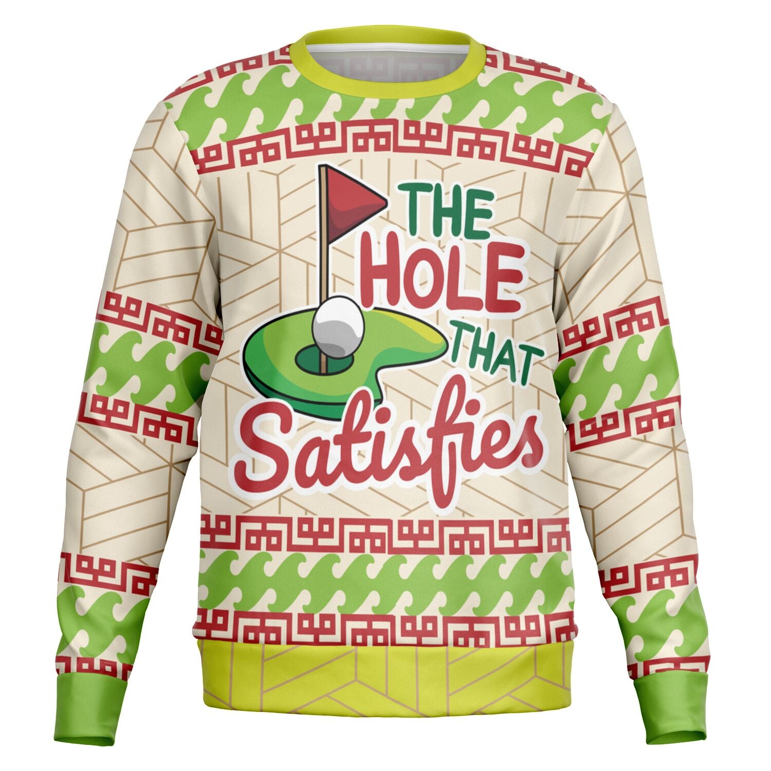Cream and green Christmas sweater featuring a golf green graphic and “The Hole That Satisfies” slogan — adult humor from CollegeWares.