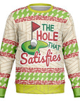 Cream and green Christmas sweater featuring a golf green graphic and “The Hole That Satisfies” slogan — adult humor from CollegeWares.