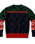 Back view of black, red, and green sweater with argyle pattern and no text — playful festive style from CollegeWares.