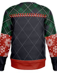 Back view of black, red, and green sweater with argyle pattern and no text — playful festive style from CollegeWares.