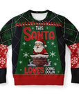 black, red, and green Christmas sweater with Santa in a chimney and the phrase “This Santa Loves Going Down” — cheeky holiday humor from CollegeWares.